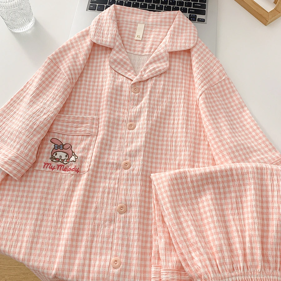 【趴趴美乐蒂】粉色格子少女纯棉弹力睡衣女短袖家居服套装可外穿