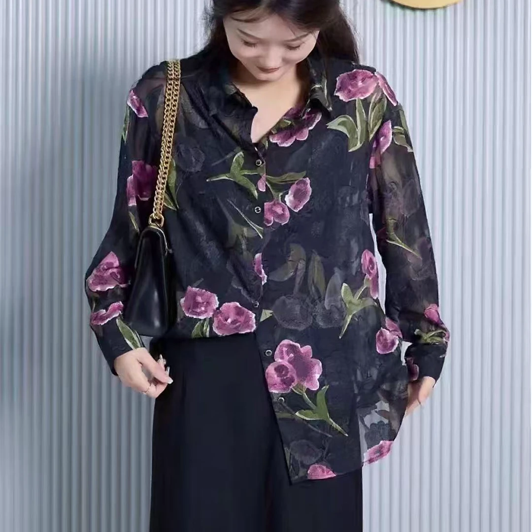 X579 春款气质洋气复古港风薄款翻领长袖衬衫JT