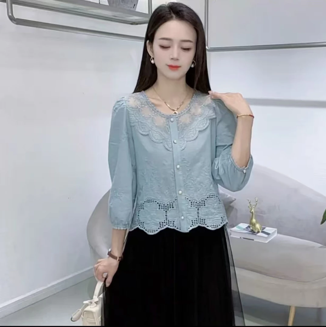 吸汗通勤风七分袖修身型衬衫小衫娃娃领法式洋气