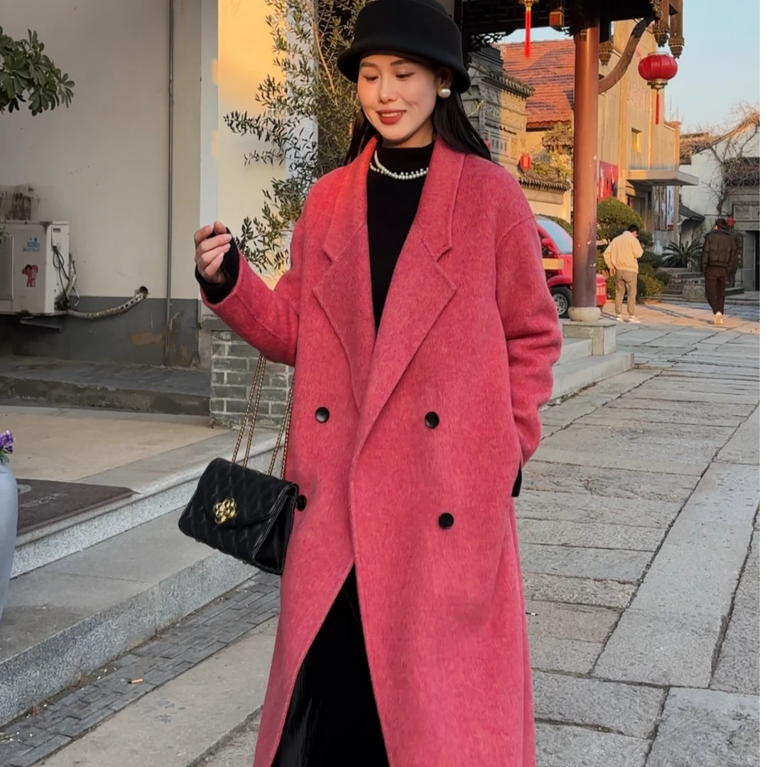 2025秋冬新款双面毛呢羊毛大衣韩系宽松女士双排扣长款气质外套