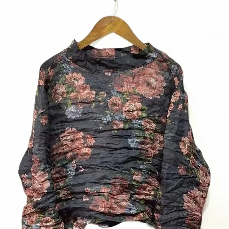 小个子-6616苎麻印花小高领小衫衣长50-53胸围120