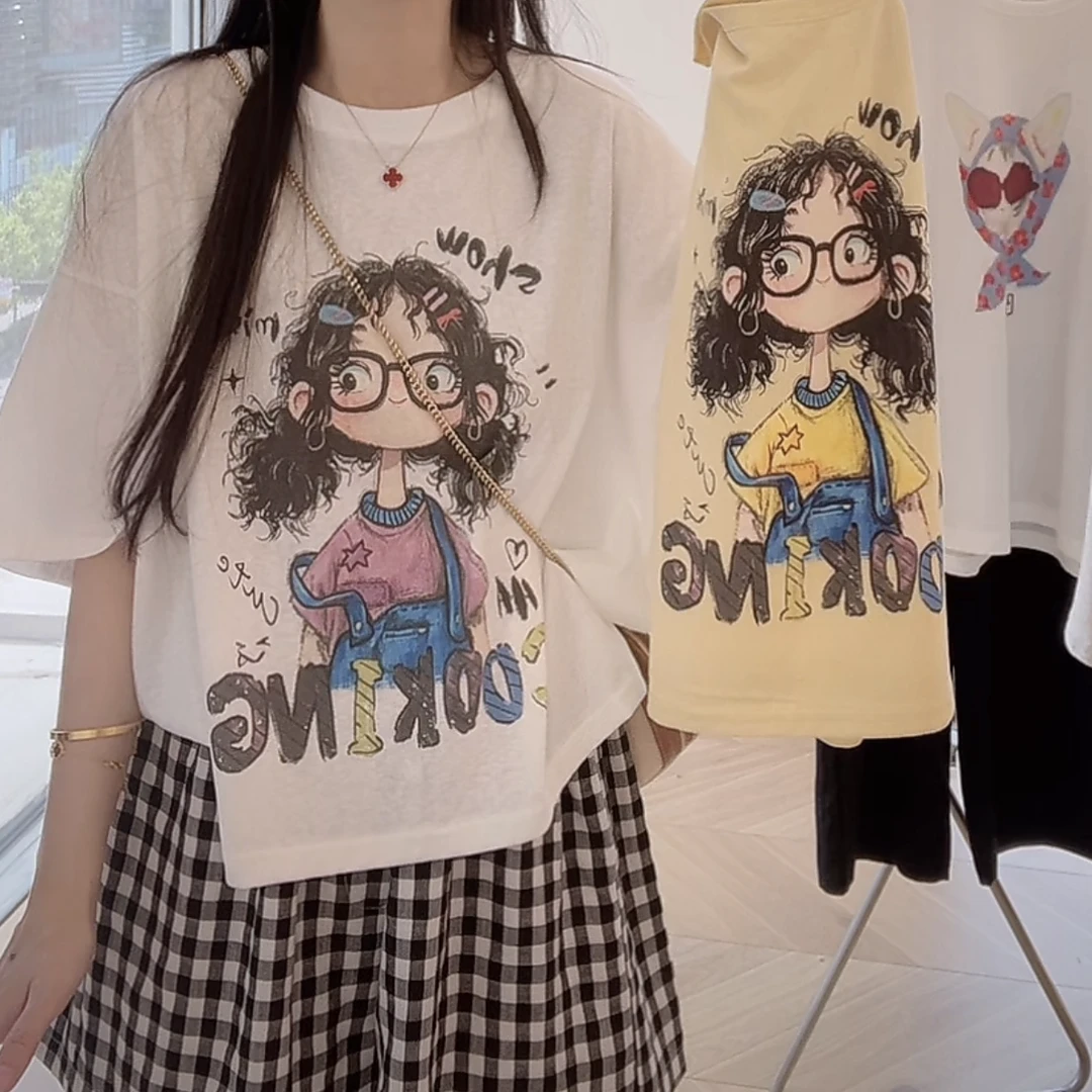 设计感雪花棉卡通图案短袖t恤女2025新款休闲韩版宽松圆领上衣潮