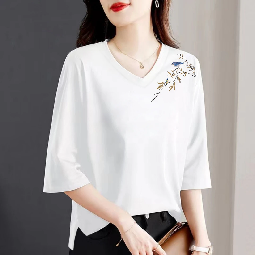 100%纯棉春秋新款韩版小众潮流V领七分袖t恤百搭开叉外穿上衣女