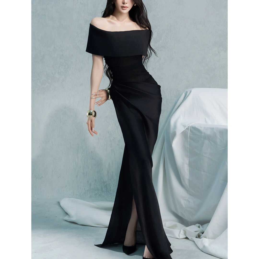 M182显瘦气质轻奢黑色法式名媛优雅宴会气质一字肩小众连衣裙