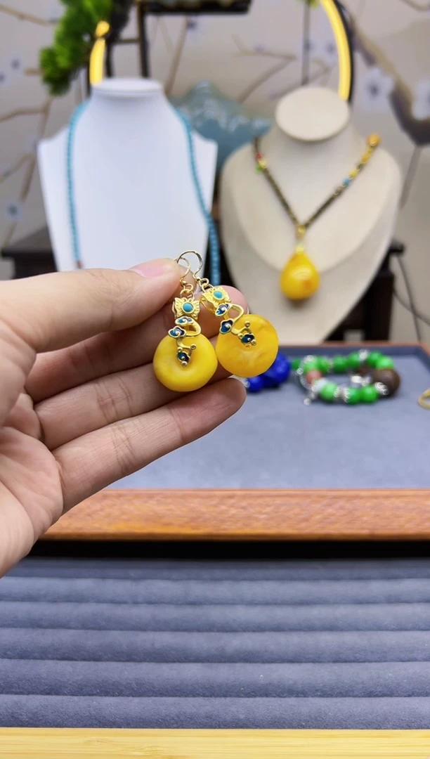 【闪购商品】蜜蜡耳饰14K金镶嵌e219```````