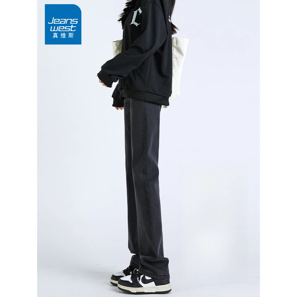 真维斯黑灰直筒牛仔裤女秋冬爆款2025新款高腰显瘦窄版烟管拖地裤
