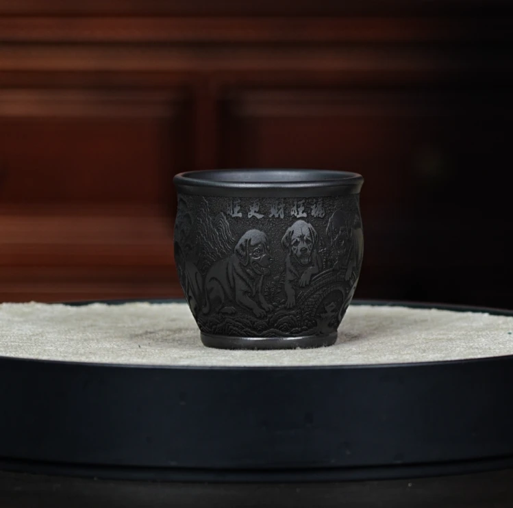 原矿玄铁石黄宜兴紫砂杯雕刻狗狗图案家用主人杯