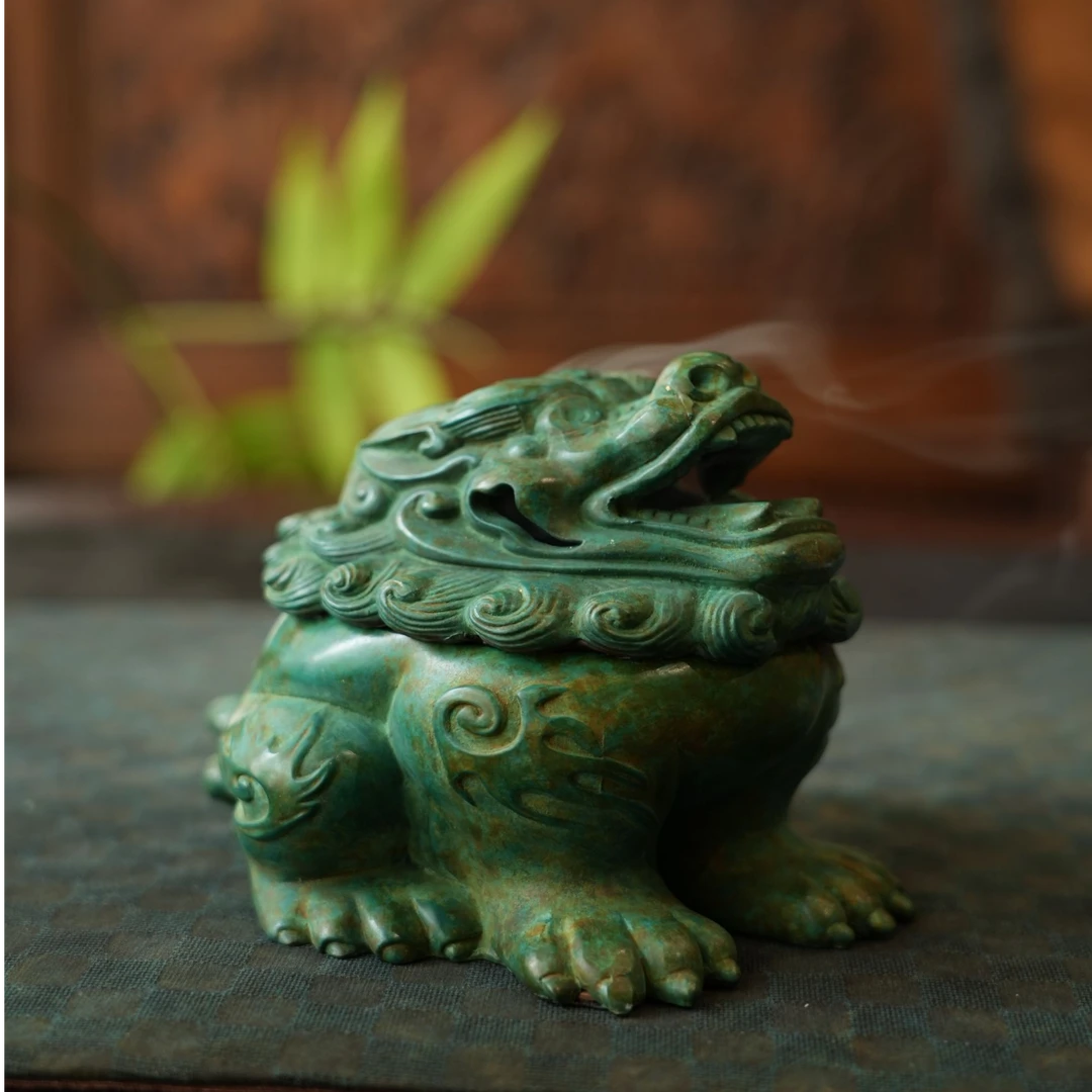 [沾沾喜器]美纯铜烧绿瑞兽狻猊香炉