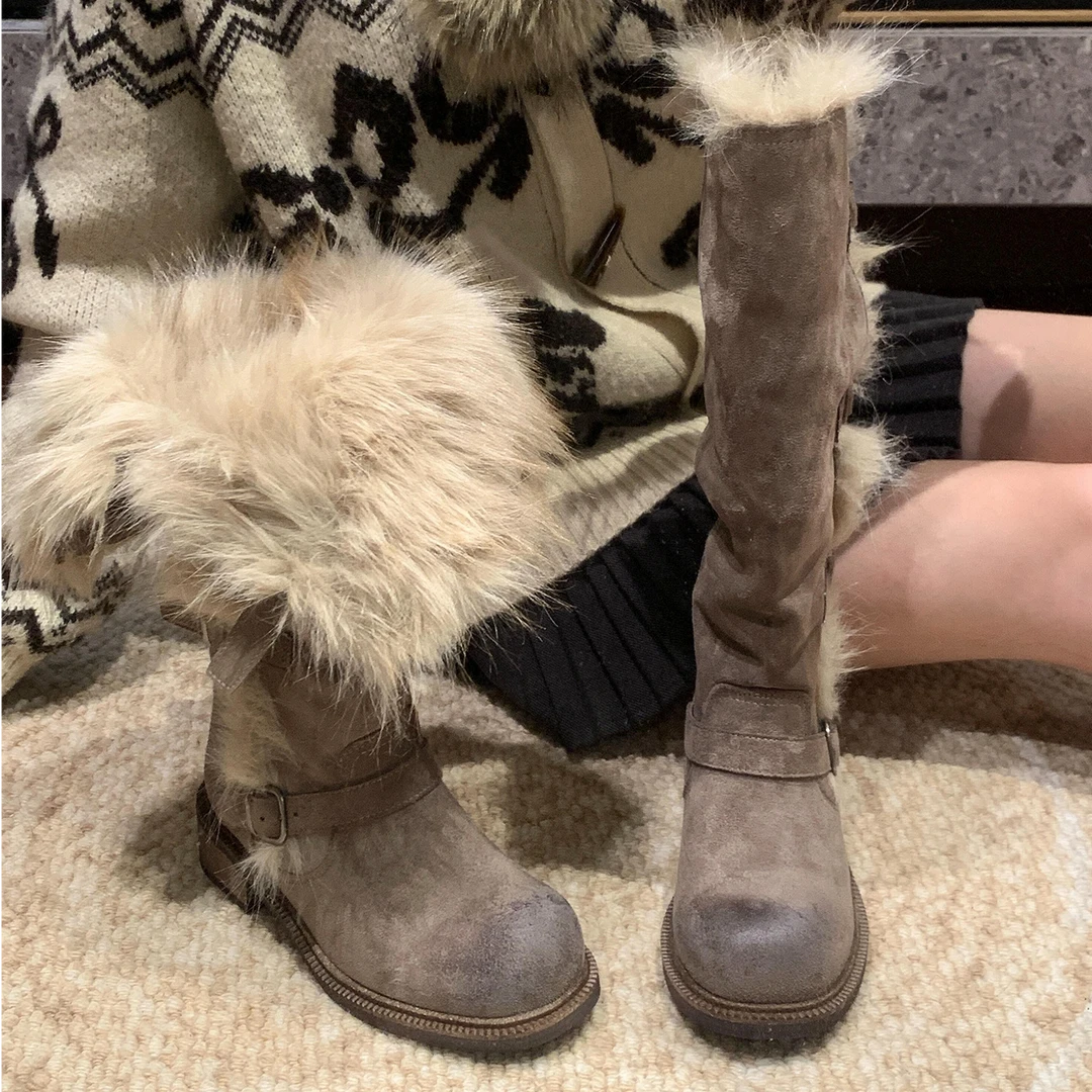 莫斯科俄式穿搭长筒雪地靴女加绒保暖冬季新款粗跟两穿毛毛棉鞋女