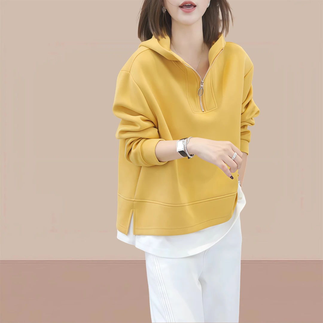 2025纯欲慵懒风女装上衣服小个子短款假两件设计感连帽卫衣女装