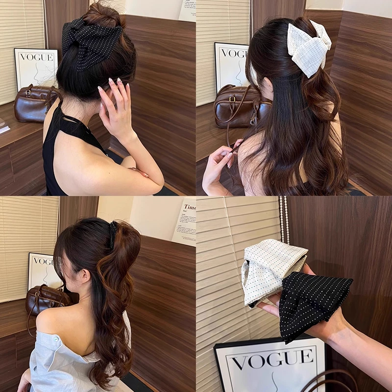 2025新款法式赫本风小波点三角布艺抓夹女时尚气质后脑勺夹子发饰