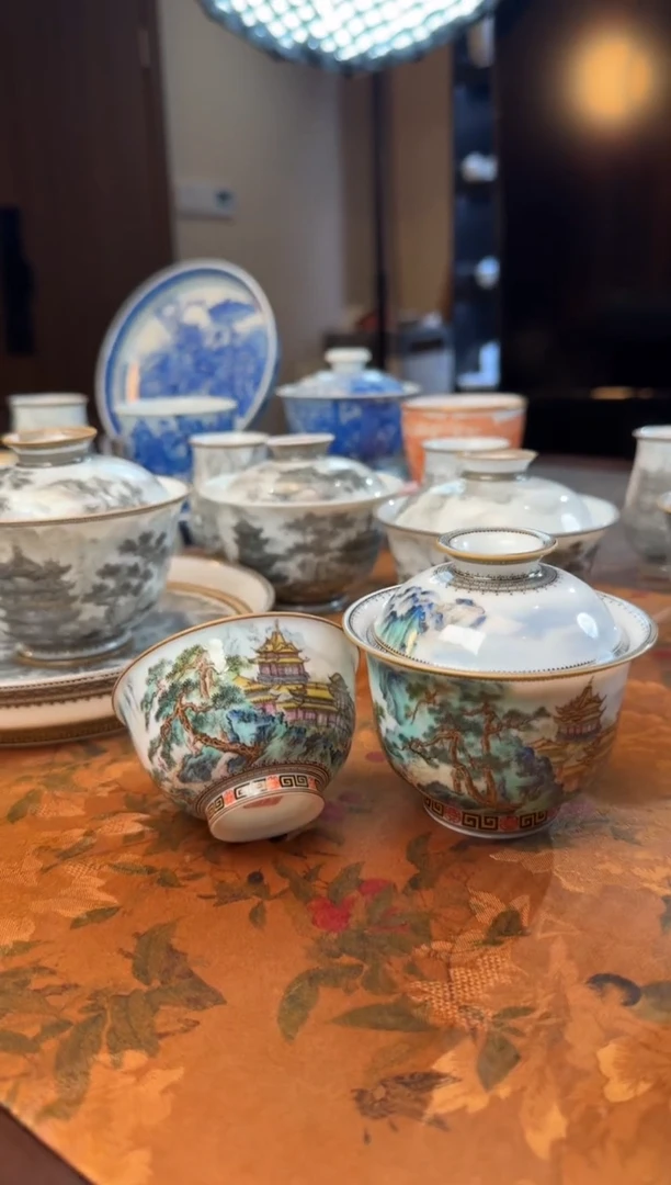 小*子岩茶粉彩蓬莱仙境盖碗加杯子