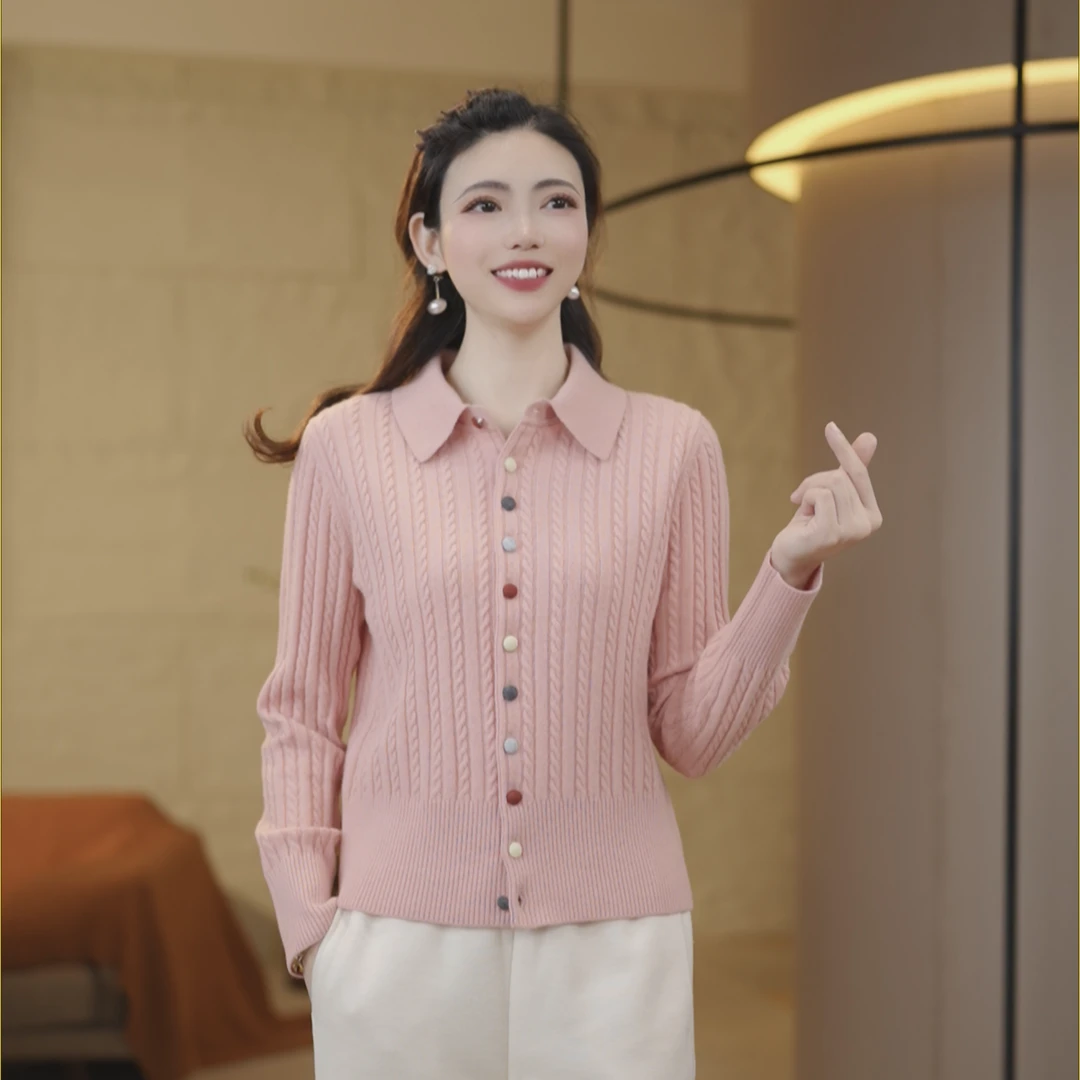 [重磅加厚100%全羊毛]冬季新款翻领羊毛保暖多巴胺七彩扣开衫8378