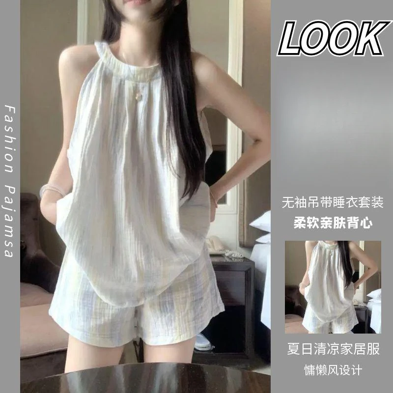 睡衣女套装夏季新款甜美简约条纹韩版宽松薄款棉纱吊带家居服套装