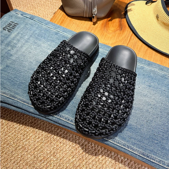 欧货女鞋2025夏季款编织平底包头拖凉拖休闲风编织镂空百搭半拖鞋