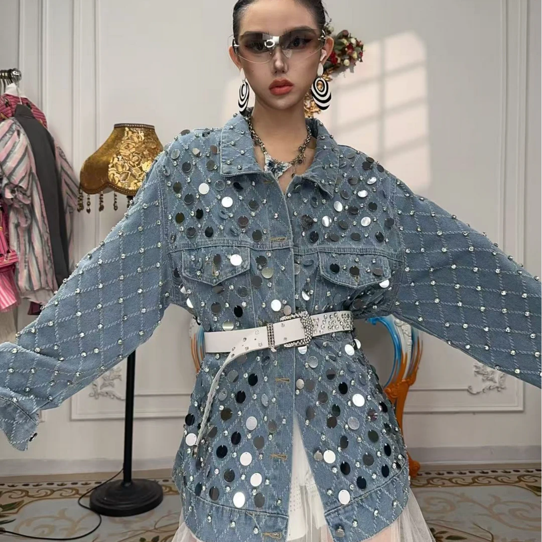 F00325 连卡佛设计师原创时尚女装重手工钉珠牛仔外套