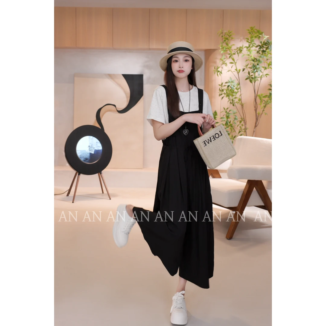 C03241夏季新款减龄松弛感宽松黑色抽绳收腰阔腿休闲背带裤