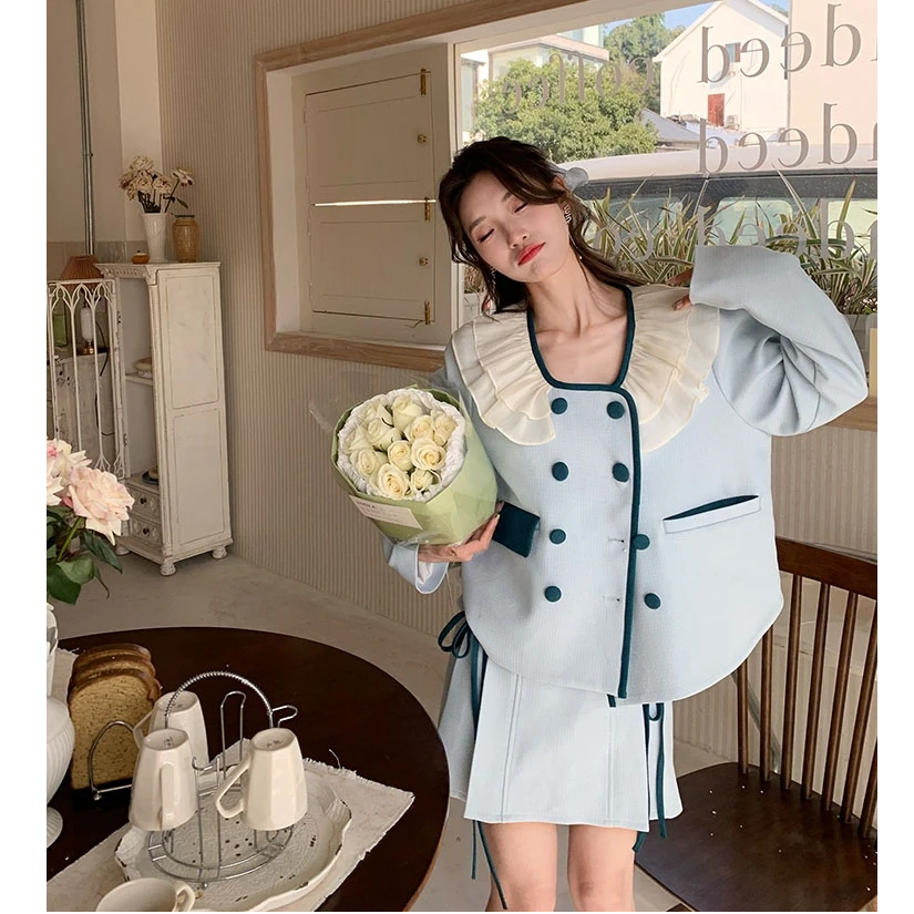 【海盐苏打】早秋浅蓝色双排扣网纱外套女宽松套装半身短裙两件套