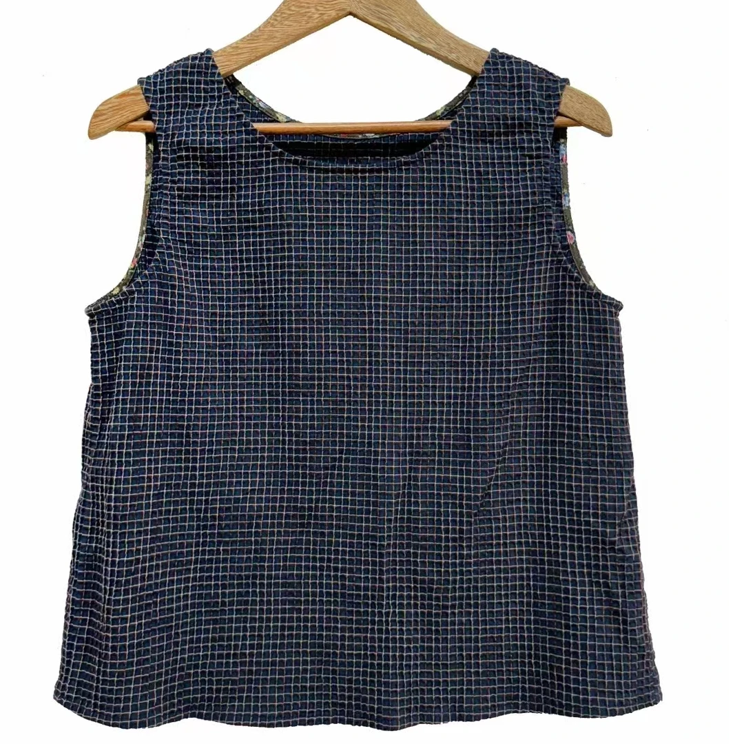 左岸迷香春夏上新蓝格短款夏季黑色无袖上衣Z25SS1033