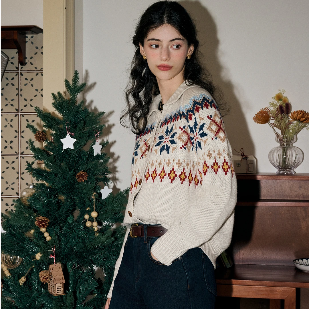 SimpleRetro 秋冬款费尔岛毛衣女polo领提花针织开衫