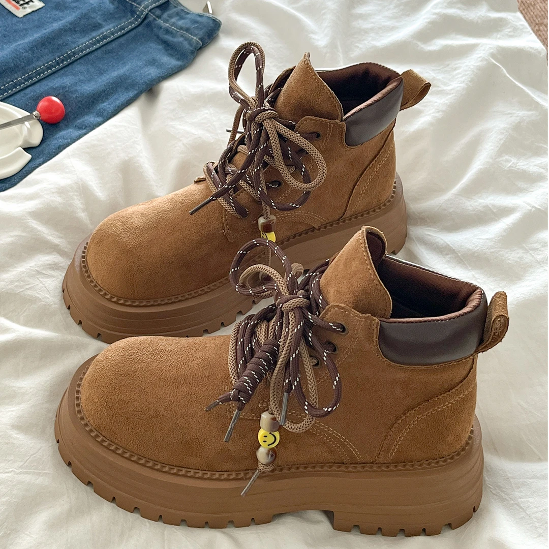 复古棕色英伦风厚底系带马丁靴女款2025秋季新款时尚美拉德短靴子