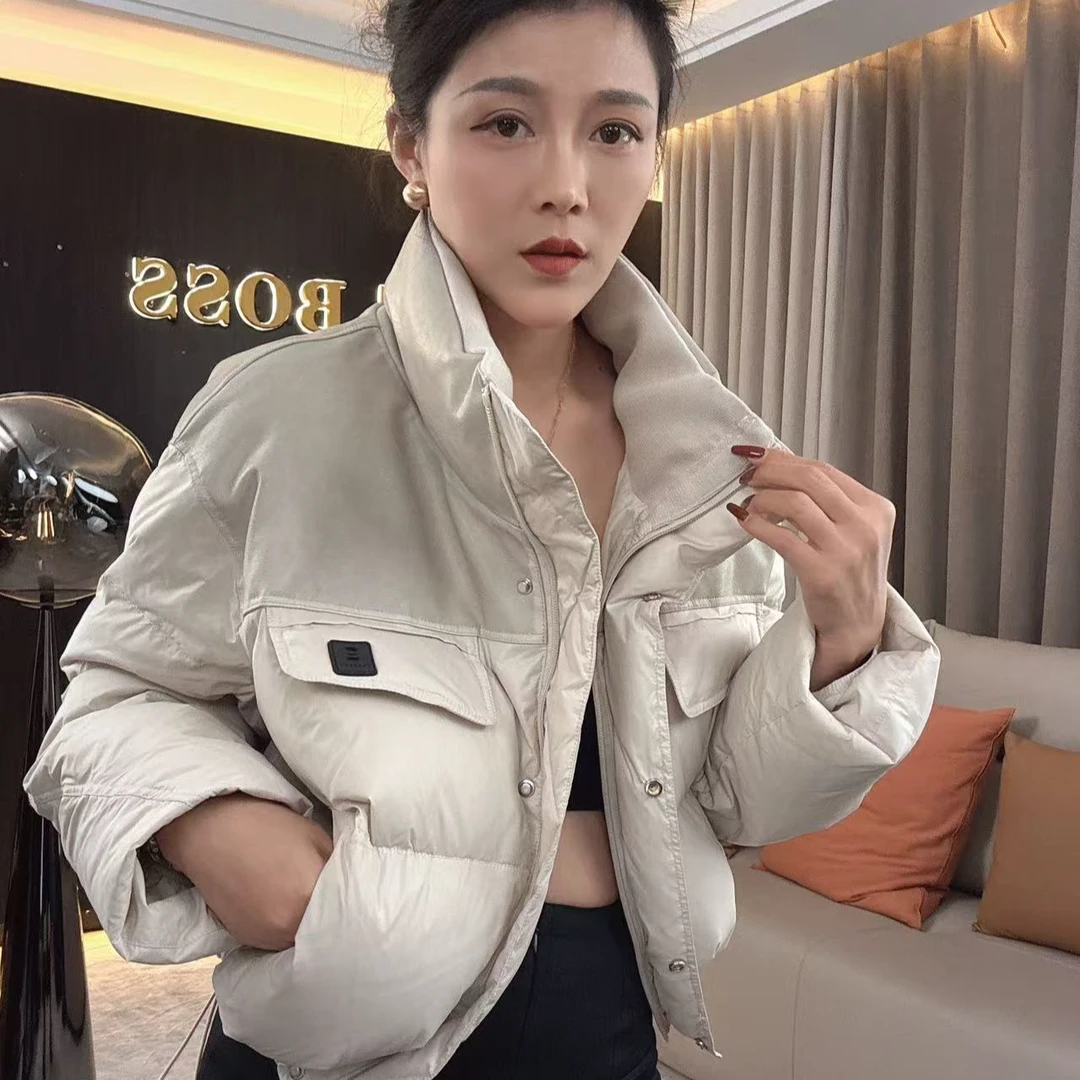 【耿老板1272#S】港风复古皮拼接小众设计师精致短款白鸭绒羽绒服