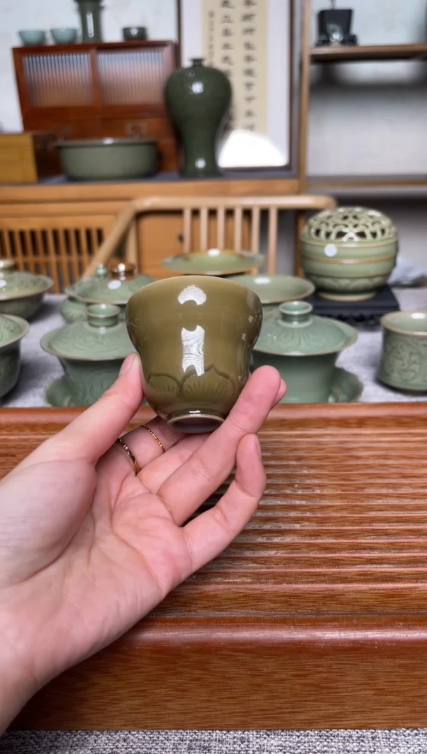 陶瓷耀州窑纯手工姜黄釉葫芦杯  微瑕