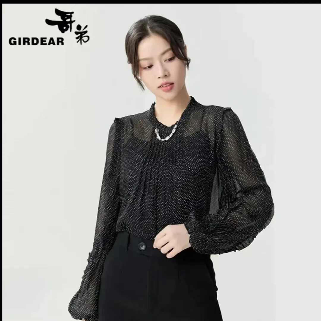GIRDEAR/哥弟 新款精致气质时尚优雅小系带波点两件套衬衫1301039