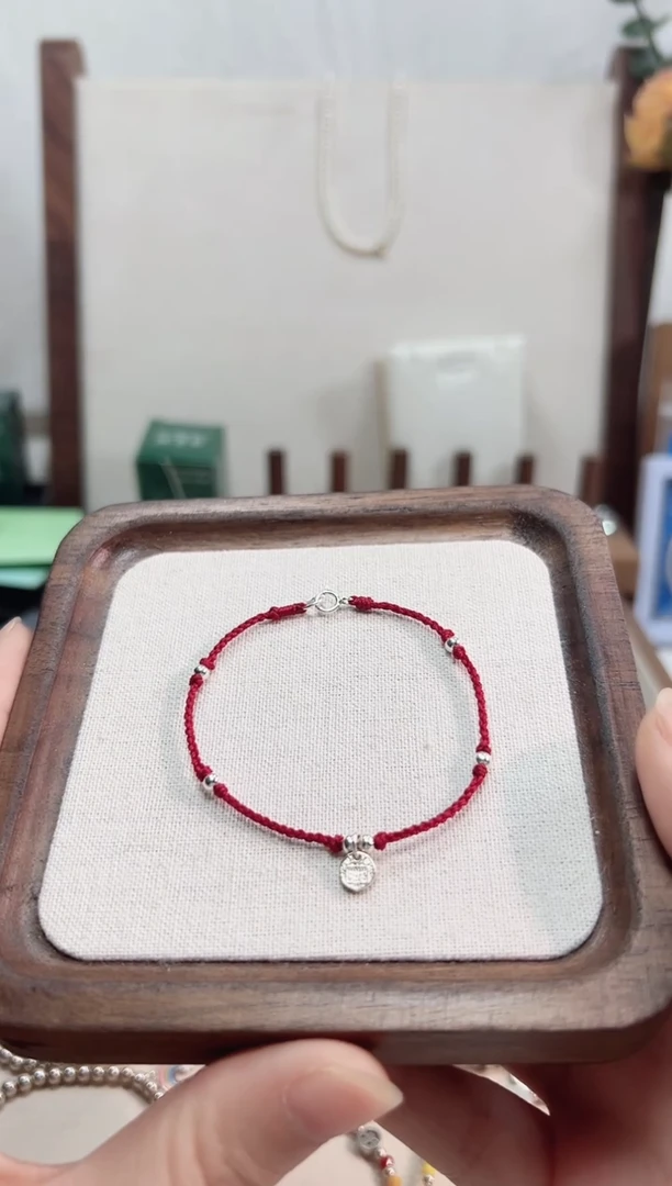 无925银八方吊牌红绳酒红色手链