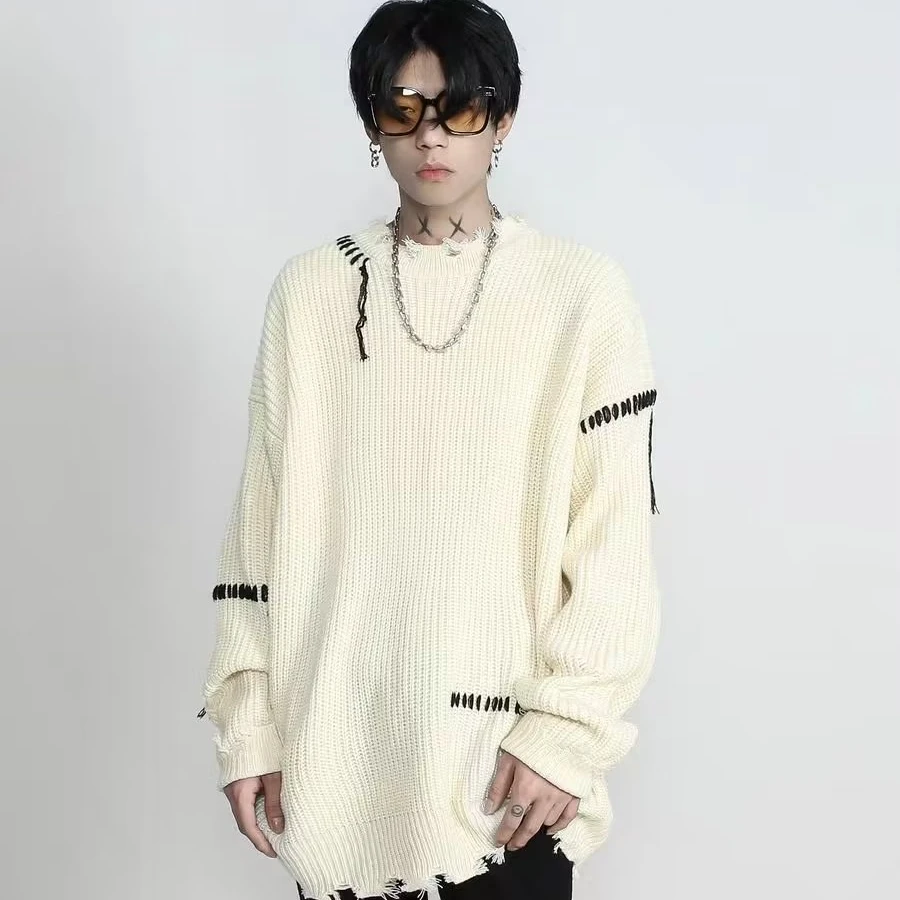 港风cec撞色拼接毛衣男复古日系潮牌痞帅圆领保暖套头2025潮男秋