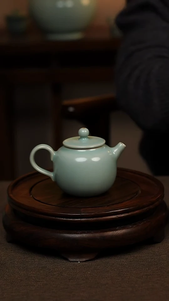 瓷片仿古天青全手工小苹果壶150ml 微瑕 不带礼盒