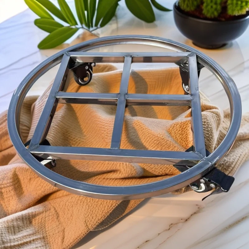 不锈钢圆形可移动托盘架带万向轮适用于花盆鱼缸底座