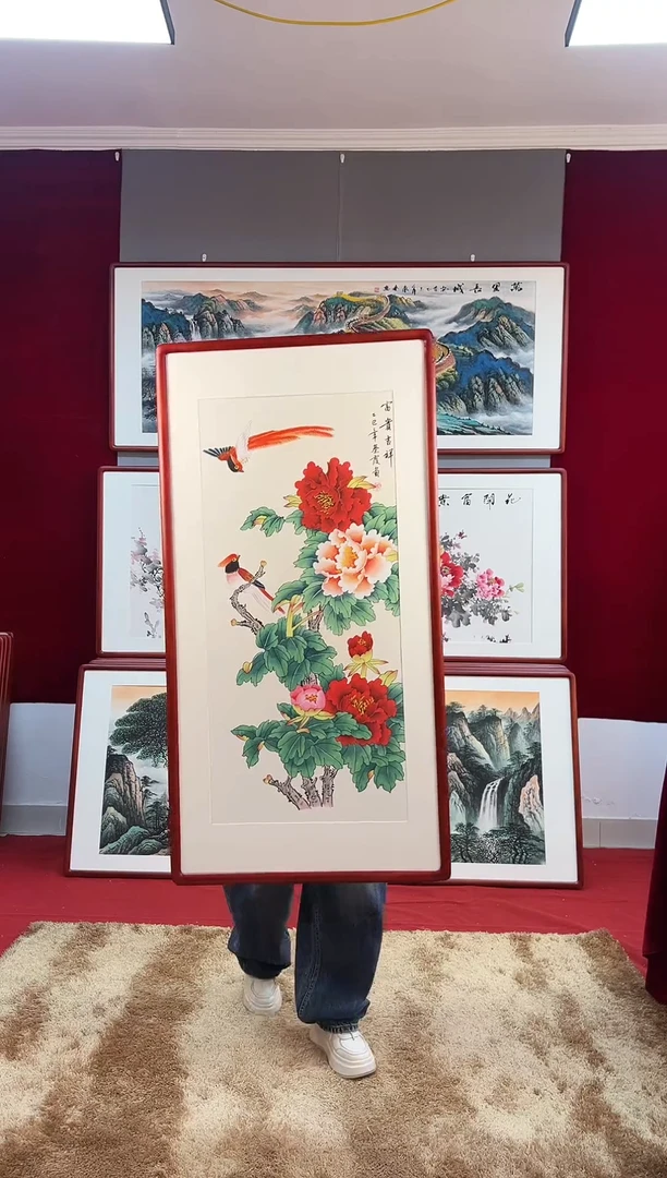 国画手绘牡丹123*63尺寸