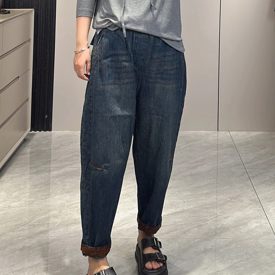 水洗黑蓝色9分休闲阔腿牛仔裤宽松百搭复古水洗春季66713