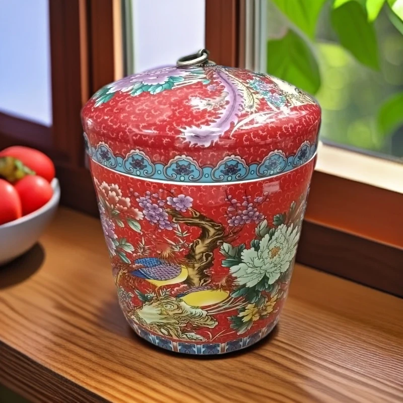 【景宝元陶瓷】景德镇中国红百鸟朝凤10斤装储物罐+底座XD