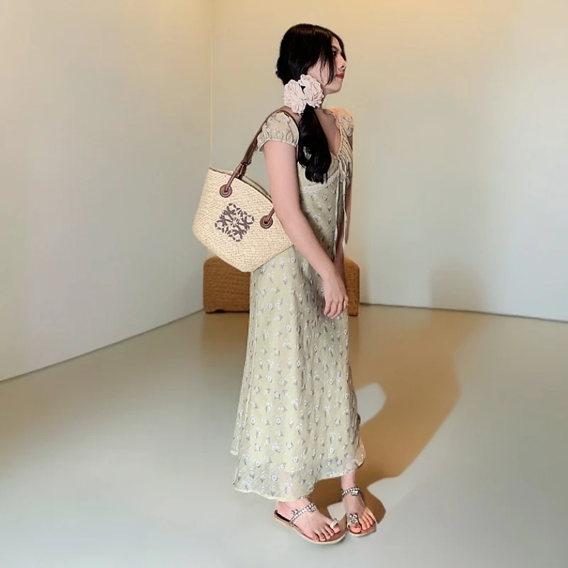 大眼自制Large eye法式斜裁v领连衣裙150小个子夏设计感印花长裙