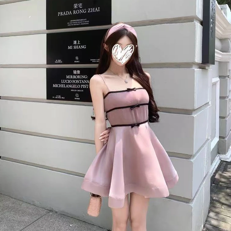 【娇娇千金】温柔撞色蝴蝶结吊带裙A字蓬蓬短裙连衣裙