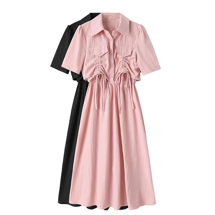 时尚设计感抽绳短袖裙子夏季大码胖mm气质显瘦收腰连衣裙套装1746