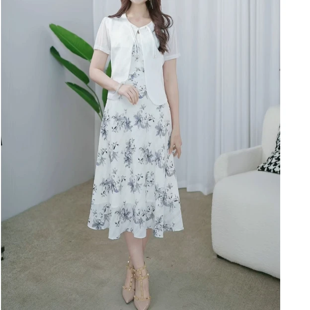 2025新款潮流套装裙新款夏季女气质温柔妈妈短袖印花连衣裙001