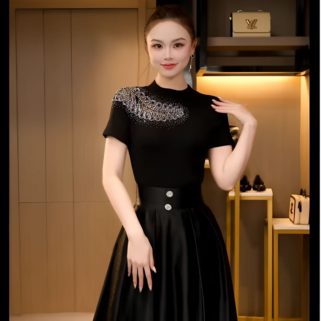 DY25X-626新款花边轻奢镶钻洋气修身显瘦打底衫女潮气质