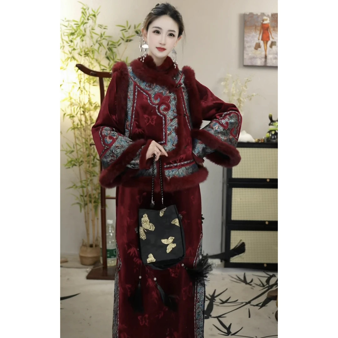 花享悦2024冬季新款红色加绒复古日常女装裙子（2444+2454）