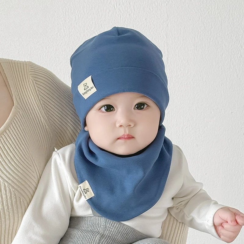 婴儿帽子秋冬新生儿男女童棉布宝宝纯色帽子围脖口水巾两件套装帽