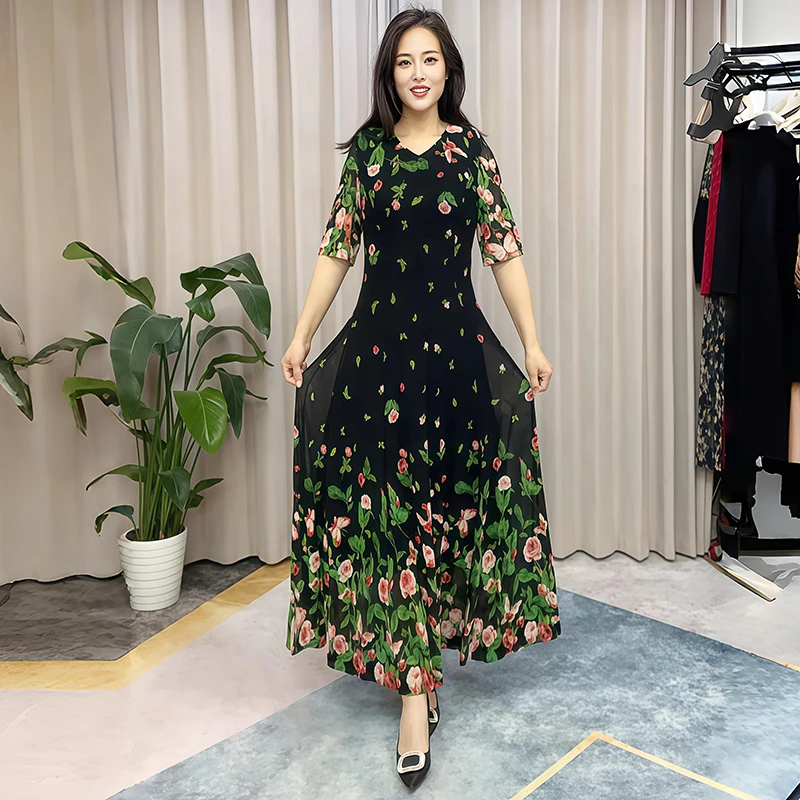 连衣裙长裙宽松植物花卉显瘦夏季极简风大码妈妈高弹力装遮肚裙子