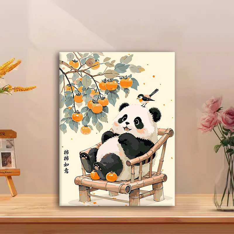 (熊猫柿如意）diy数字油画红线条手工填涂色解压治愈丙烯装饰画