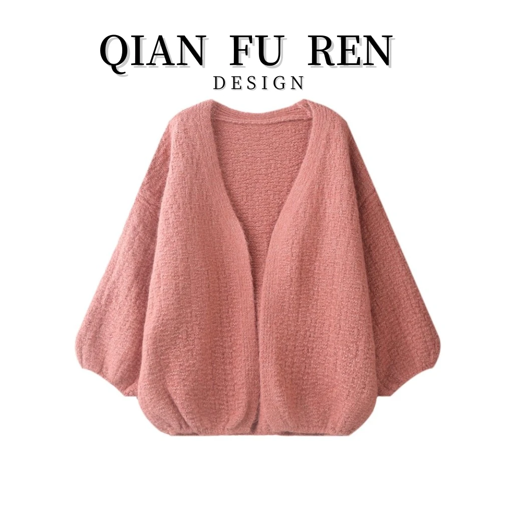 羊毛混纺灯笼袖韩系温柔宽松显瘦粉色毛衣开衫甜美百搭针织衫上衣