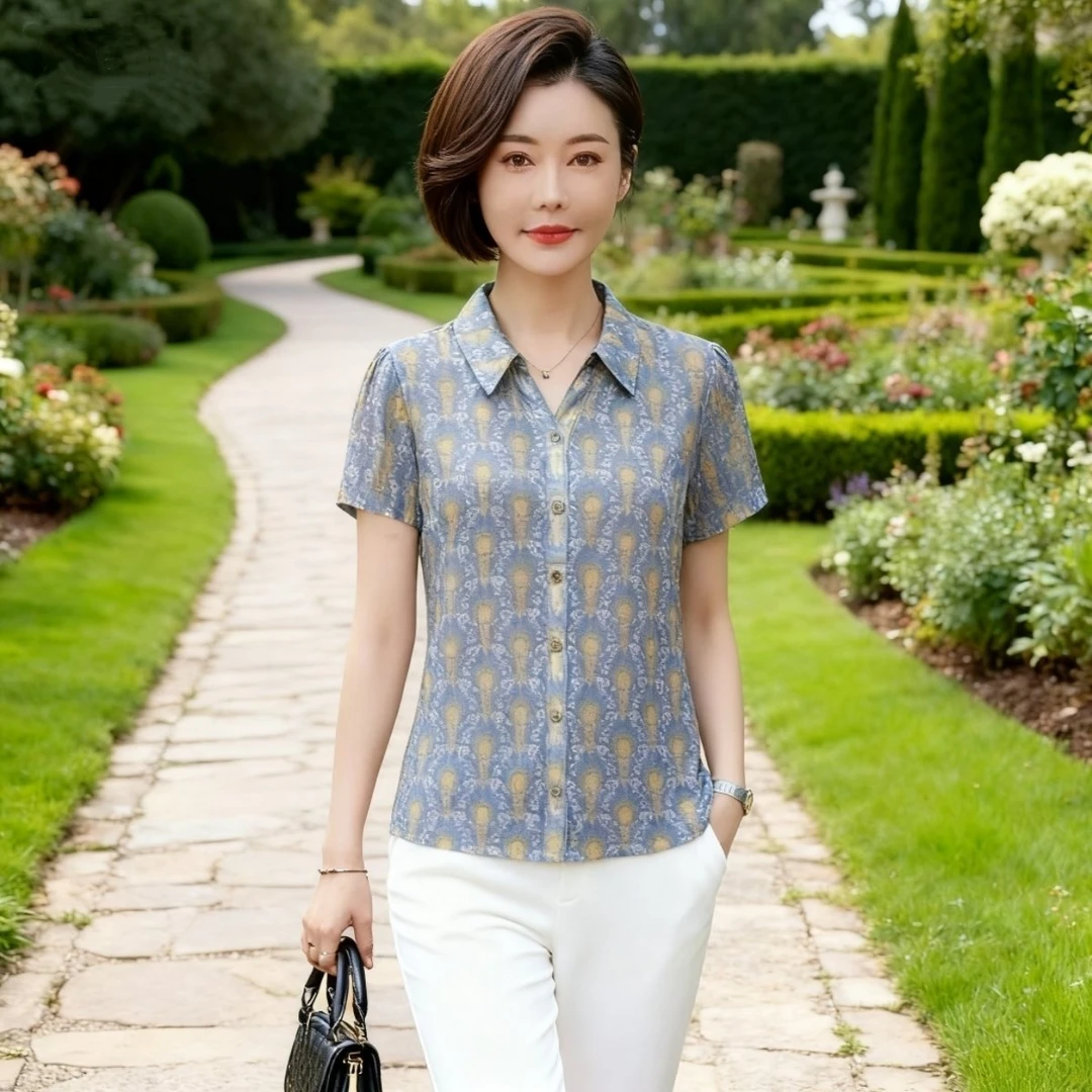 锦依罗台湾衬衫中老年妈妈装时尚夏季针织修身上衣气质洋气休闲