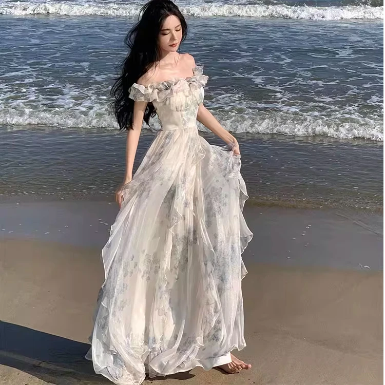 法式绝美气质一字肩印花连衣裙女海边度假氛围感拍照超仙飘逸长裙