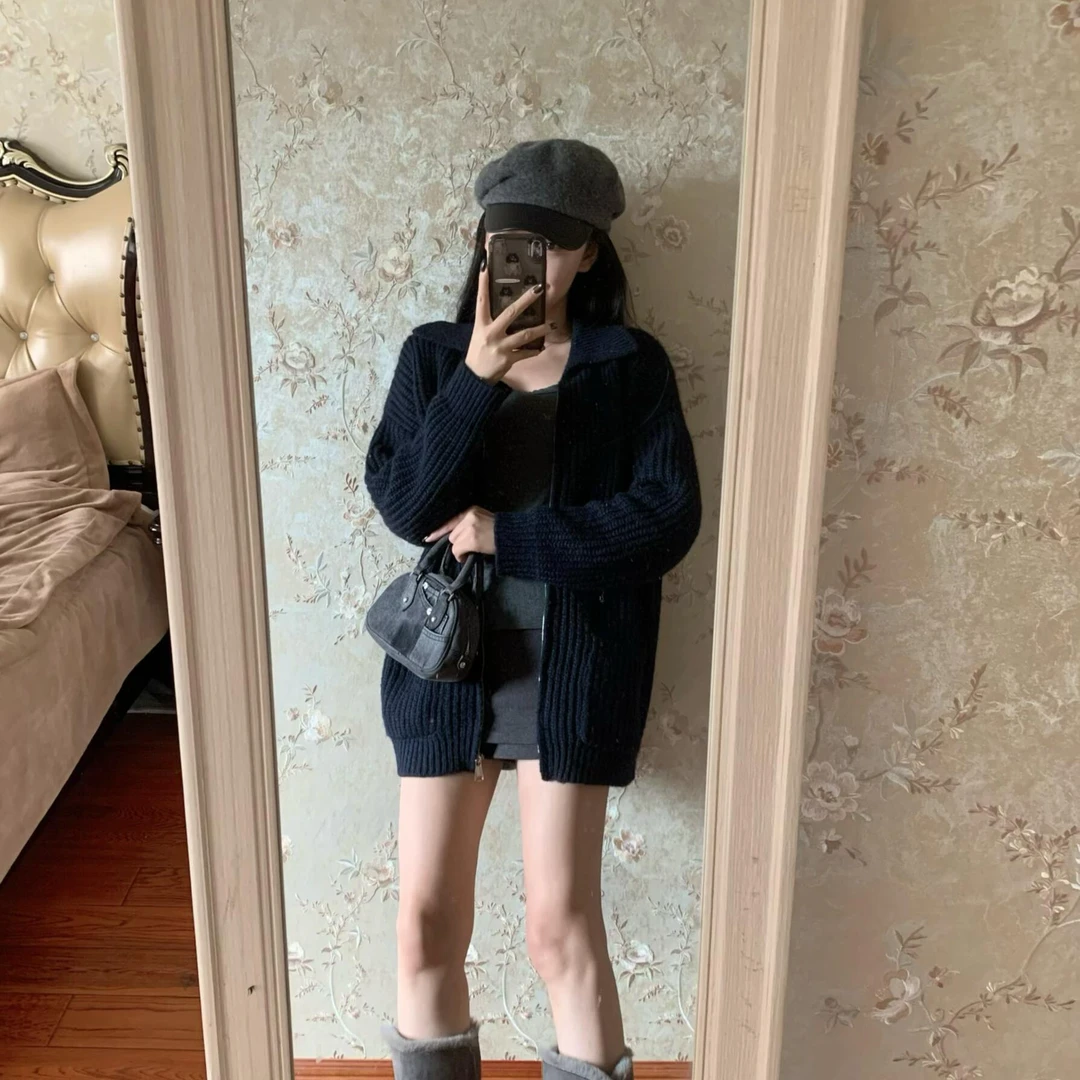 慵懒风长袖拉链毛衣女秋冬韩系软糯宽松显瘦针织开衫休闲外套上衣