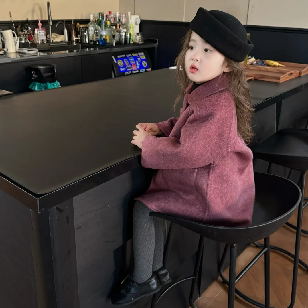 壹妈童装韩版纯色毛呢大衣冬季秋冬女童粉色翻领外套时尚中长款