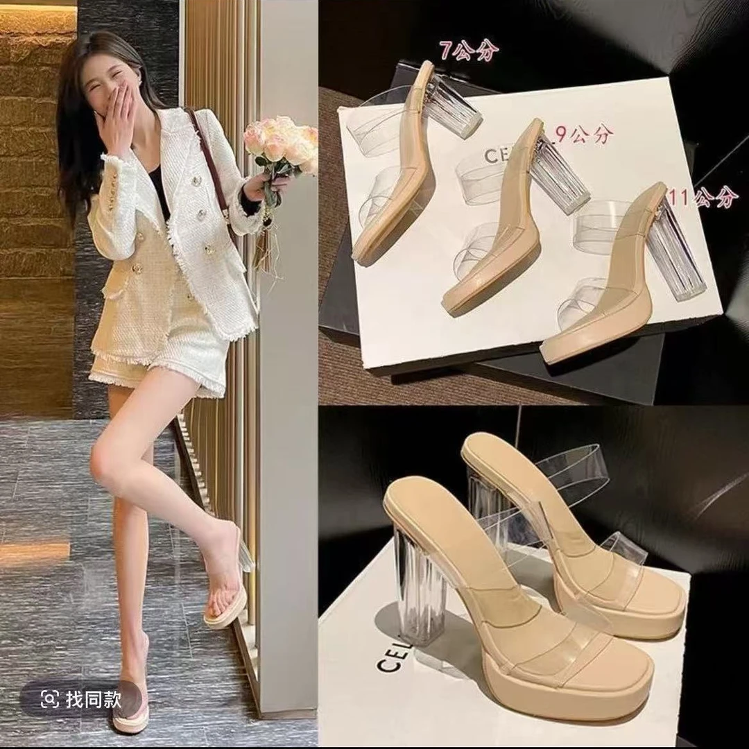2025夏季新款一字带透明水晶超高跟防水台粗跟凉鞋时尚外穿仙女鞋